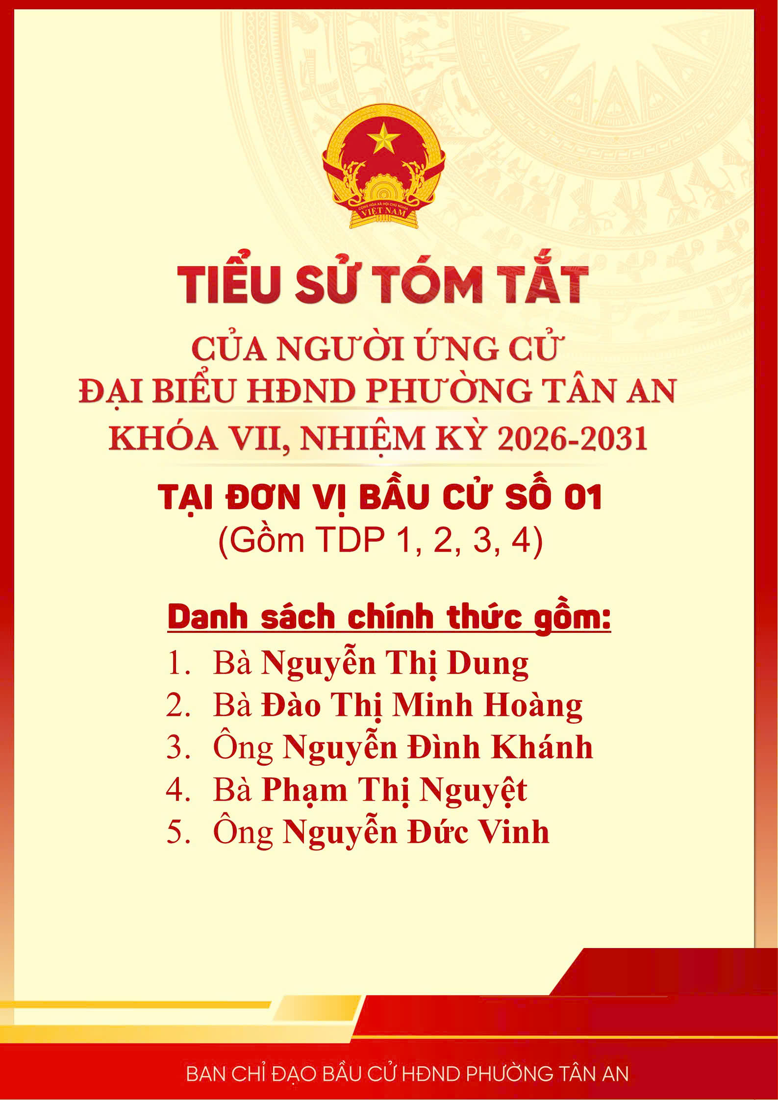 Tiểu sử tóm tắt của người ứng cử đại biểu Hội đồng nhân dân phường Tân An nhiệm kỳ 2026-2031 tại đơn vị bầu cử số 01