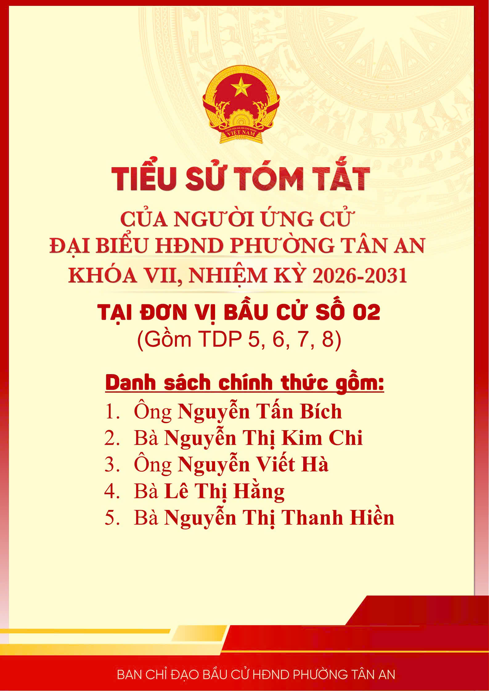 Tiểu sử tóm tắt của người ứng cử đại biểu Hội đồng nhân dân phường Tân An nhiệm kỳ 2026-2031  tại đơn vị bầu cử số 02